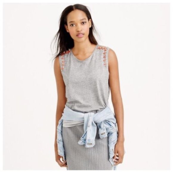 J. Crew Tops - J.Crew Womens Size XXS Gray Bejeweled Orange Silver Tank Top Cotton T-Shirt